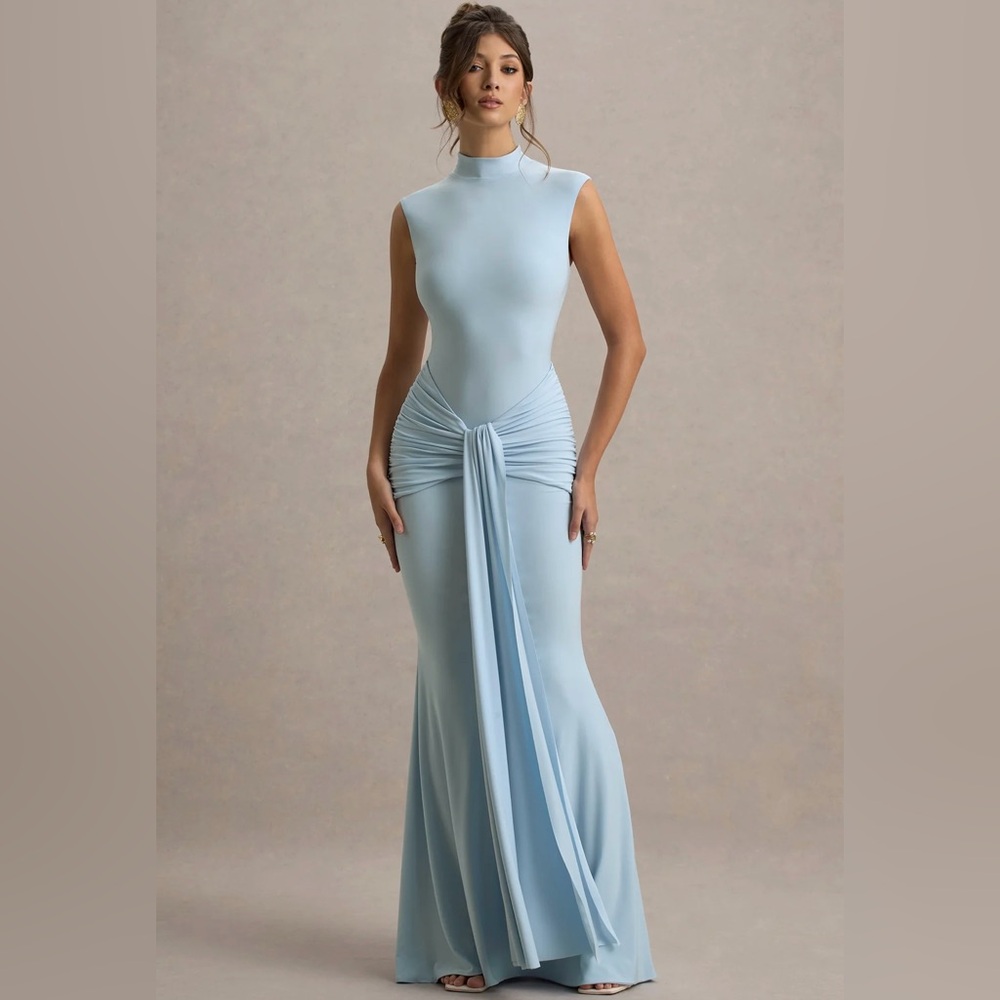 Club L London GRAZIANA - Powder Blue High-Neck Gathered Draped Maxi Dress